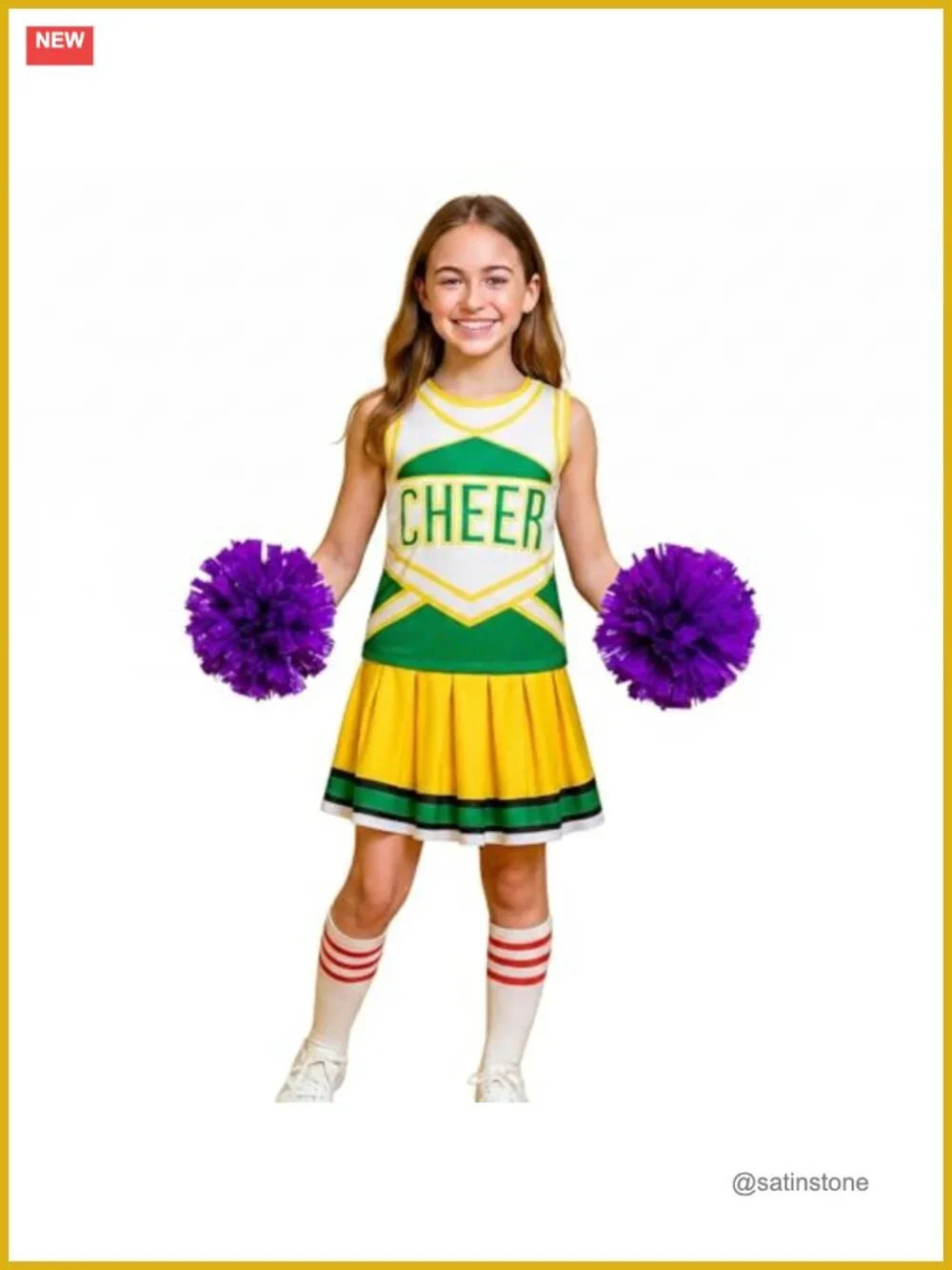 Girls Cheerleader Costume Set with Pleated Skirt and Pom Poms